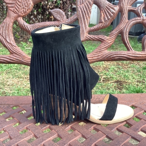 💋Koolaburra Boho Black Suede Leather Block Heel Open Toe Fringed Sandal - Picture 6 of 10